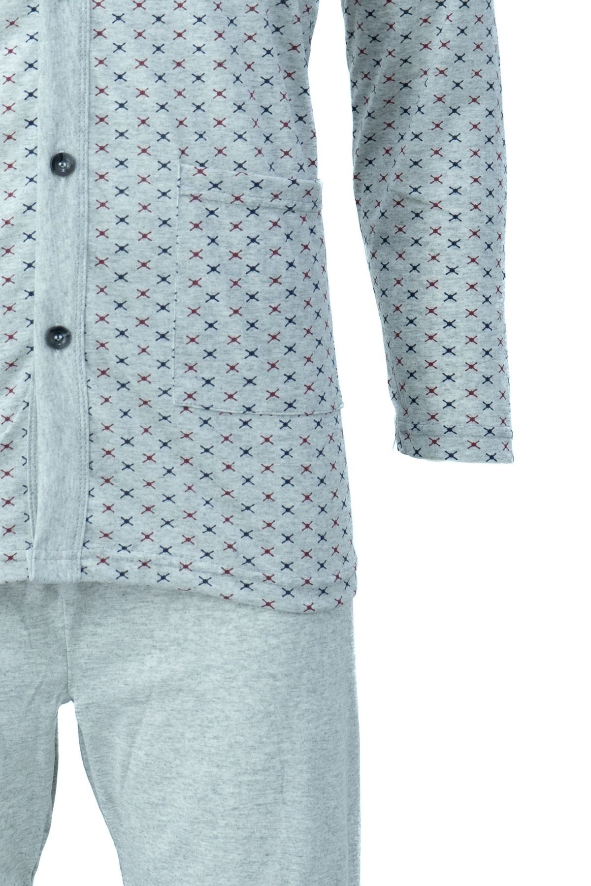 Erkek Desenli V Yaka Çift Cepli Düz Paça Pantolonlu Tam Kalıp %100 Pamuk Kumaş Pijama Takımı